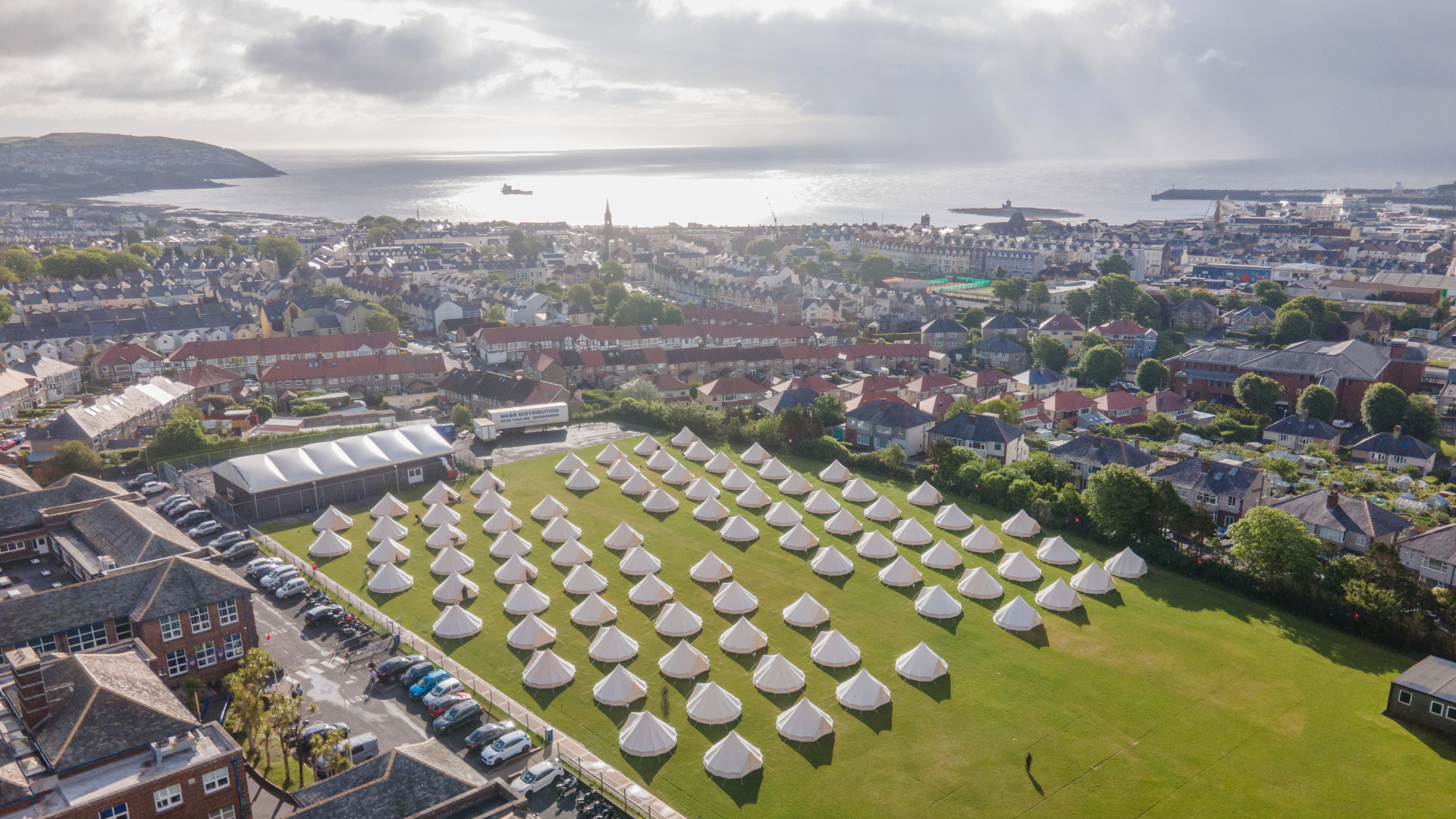 Aerial view of TT Races glamping site in Douglas near the promenade and Grandstand, with excellent on-site facilities